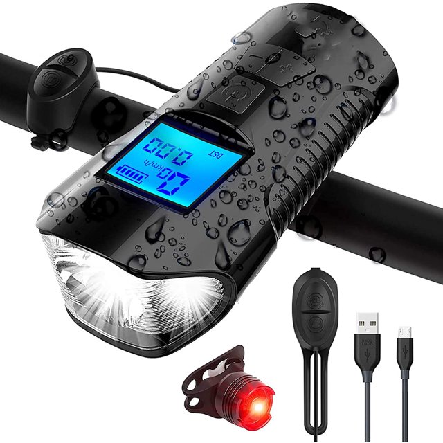Amdohai Bike Light Set, Speedometer LED Bike Lights with Horn, LCD Display USB Rechargeable Bike Tail Light and Cycle Head Light Front Light Set