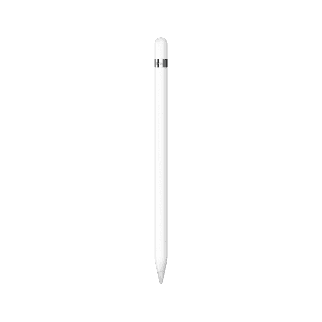Apple Pencil (1st generation) with a smooth white cylindrical body, rounded tip, and silver band near the top, designed for precise drawing, note-taking, and digital art on compatible iPad models with Bluetooth connectivity.