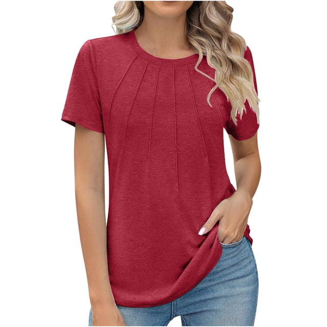 Penkiiy Hauts d'Été à Manches Courtes pour Femmes Col Rond Plissé Chic Décontracté T-Shirts Basiques Blouses de Travail m Vin