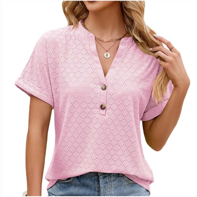 RKSTN Womens Tops 2024 Fashion Casual Short Sleeve V Neck Tops Loose Plus Size Solid Color Mesh Breathable Temperament Tops