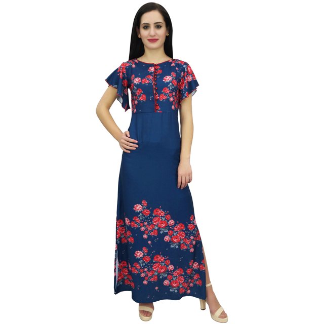 Bimba Robe Longue en Georgette Bleu Marine à Manches à Imprimé Floral pour Femme-12
