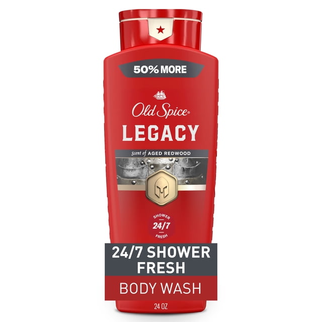 Old Spice Red Collection Body Wash for Men, Legacy Scent in a 24 oz red bottle with a gold emblem, 50% more product, and 24/7 shower fresh claim featuring a moisturizing formula and aged redwood fragrance for a long-lasting masculine scent.