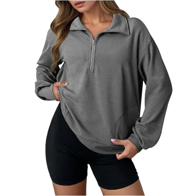 Erwazi Womens Half Zip Pullover Top Waffle Long Sleeve Lapel Functional Pocket Work To Weekend Versatile Blouses