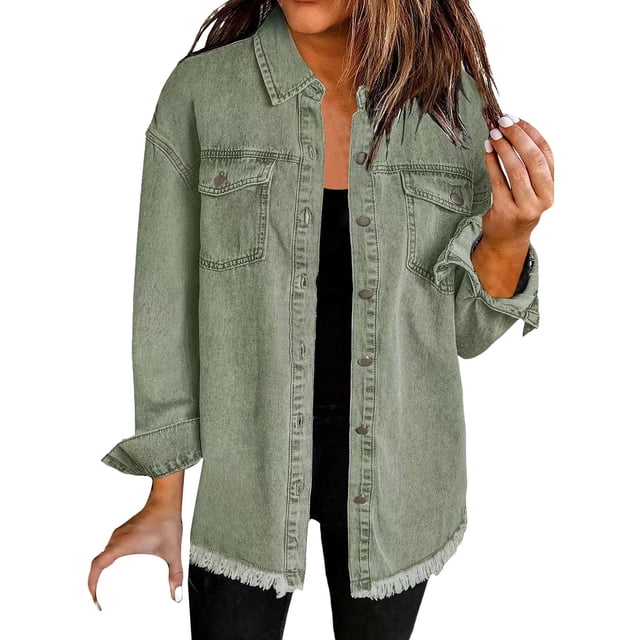 Yubnlvae Veste-Chemise en Denim Lavé Vert Armée Mode Décontractée pour Femme, G