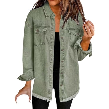Outfmvch Jean Jacket Women,Baggy Jeans for Woman,Cowboy Jacket,Washed Denim Shirt Jacket Fashion Casual Hem Women's Jacket,Quilted Jackets for Women,Women Jacket Army Green 2XL