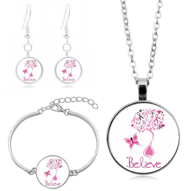 WIFKLSIIPG Flying Angel Wing Ribbon Necklace Bracelet Earrings Set for Women Rose Flower Cancer Awareness Jewelry