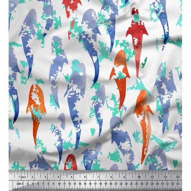 Soimoi White Moss Georgette Fabric Fish Ocean Printed Fabric 1 Yard 42 Inch Wide
