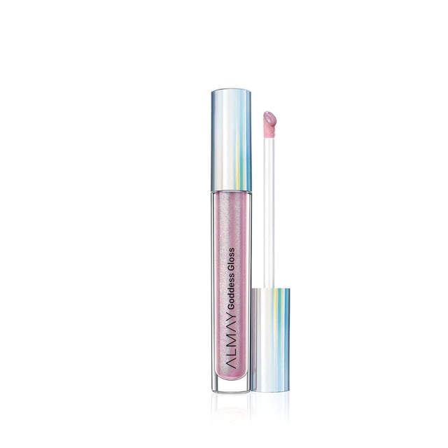 Almay Goddess Gloss lip gloss in a clear tube with a holographic silver cap and a white flocked applicator wand, featuring a sheer pink iridescent formula that provides a high shine finish and even colour application, ideal for layering or wearing alone.