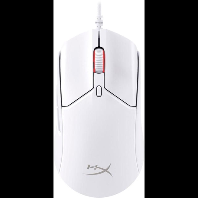 HyperX Pulsefire Haste 2 Souris de Jeu Blanche, Vue de Dessus Montrant une Souris Filaire Légère avec une Molette Blanche Illuminée par un Rétroéclairage Rouge, Deux Boutons Principaux, un Bouton DPI sous la Molette, et le logo HyperX Près de la base, Connecté par un Câble Tressé.