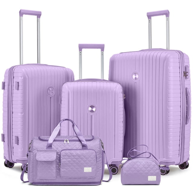 Joyway Ensemble de 5 Pcs de Valises à Coque Rigide Légères en Violet Pâle, avec Verrous TSA et Roues Pivotantes. Comprend des Valises de 20 Pouces, 24 Pouces et 28 Pouces, un Sac de Sport et une Petite Pochette d'Accessoires. Fabriqué en Polypropylène durable avec des surfaces Texturées Ondulées pour Résister aux Égratignures. Chaque Valise a des Poignées Supérieures et Latérales, des Intérieurs Organisés avec des Poches Zippées en Maille, des Sangles de Retenue et des Poignées Télescopiques Ergonomiques à 3 Marches. Convient aux