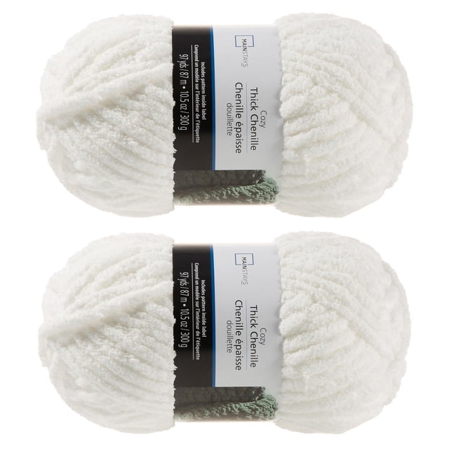 MAINSTAYS 2 PACK WHITE THICK YARN with two skeins of soft, thick white chenille yarn, each measuring 97 yards and weighing 10.5 ounces, ideal for knitting or crocheting warm scarves, blankets, and bulky crafts, often used for textured home décor accents.