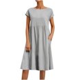 thumbnail image 1 of RKSTN Robes d'Été pour Femmes 2023 Décontractées en Coton et Lin Couleur Unie Longueur Genou Jupes Col Rond Manches Courtes Robe Midi avec Poches, 1 of 6