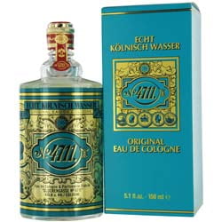 4711 EAU DE COLOGNE 5.1 OZ BY Muelhens, featuring a 5.1 oz glass bottle with intricate gold and blue detailing, accompanied by a matching teal and gold box. Designed for men, this classic fragrance is part of the cologne for men category.
