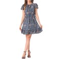 thumbnail image 2 of INSPIRE CHIC Women's Ruffle Sleeve Self-Tie V Neck Above Knee Ruffled A-Line Floral Chiffon Dress L Dusty Blue, 2 of 6
