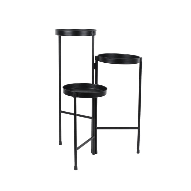 Mainstays Black 8" Metal 3-Tier Plant Stand with powder-coated black iron frame and three staggered round trays, measuring 18.4" L x 13" W x 25.6" H, fits 7-inch diameter planters, suitable for indoor or outdoor use and displaying plants or decorative items.