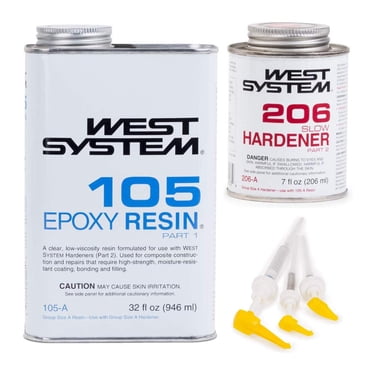 West System 105A Epoxy Resin (32 fl oz) Bundle with 206A Slow Epoxy Hardener (7 fl oz). Also Includes one Resin and one Hardener Pump.