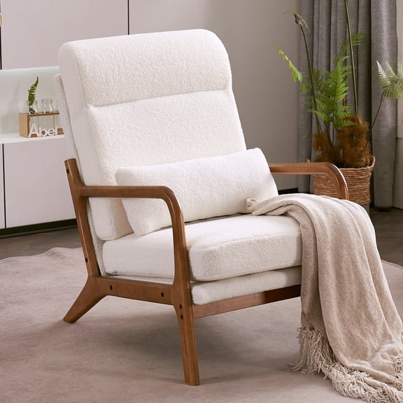 Ktaxon Fauteuil d'Appoint Mid-Century Modern, Fauteuil en Tissu Velours Teddy, Causeuse une Place à Dossier Haut avec Cadre en Bois Massif Teddy Blanc