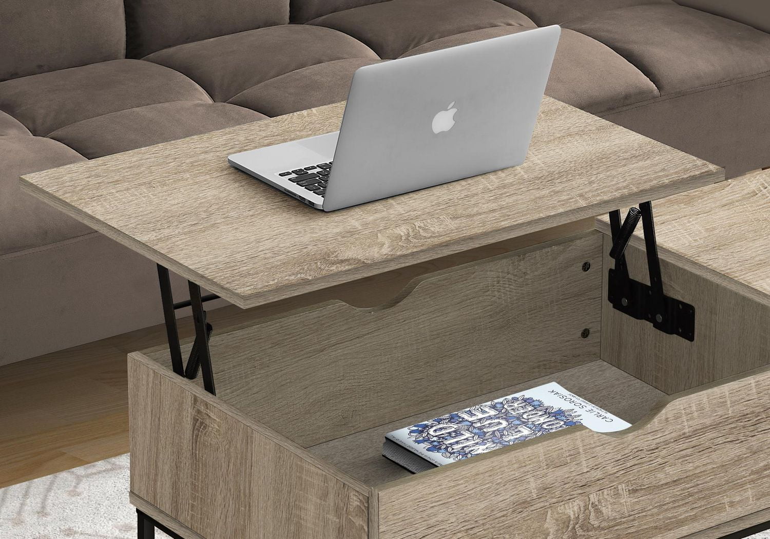 Monarch Specialties Table Basse, 42" L, Rectangulaire, Cocktail, Toit Relevable, Taupe Foncé, Métal Noir, Contemporain, Moderne