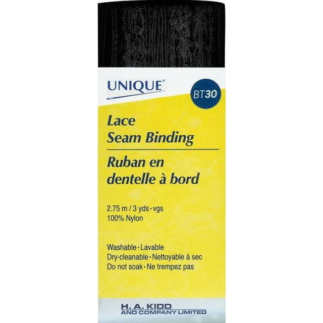 UNIQUE Lace Seam Binding packaging showing 2.75 meters (3 yards) of 100% nylon lace trim, washable and dry-cleanable, ideal for sewing and finishing hems on lightweight or stretchy fabrics, with care instructions in English and French.