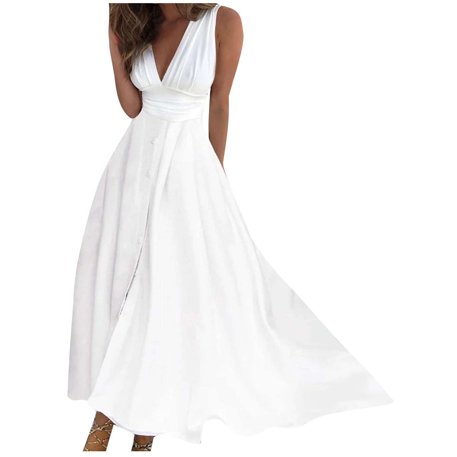 AherBiu Formal Dresses for Women Sleeveless Deep V Neck Ruched Flowy Evening Party Cocktail Maxi Dress