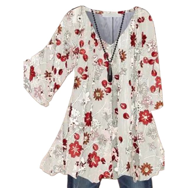 MAWCLOS Women Blouse V Neck Tops Ruched Tunic Shirt Elegant Beach Floral Print Pullover #1 3XL