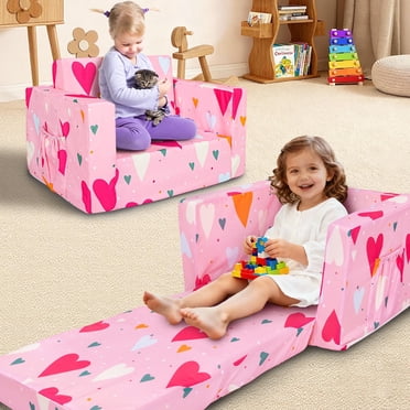 Beavtaens Sofa pour Tout-Petit, Fauteuil pour Tout-Petit 2-en-1 à Ouverture Rabattable avec Mousse Épaissie, Canapé pour Enfants Convertible, Cœur
