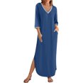 thumbnail image 2 of Gspmoly Robes d'Été pour Femmes, Robes pour Femmes Manches 3/4 Col en V Ample Fluide Fendue Longue Robe Maxi avec Poches Robes de Cocktail pour Femmes Économies, 2 of 9