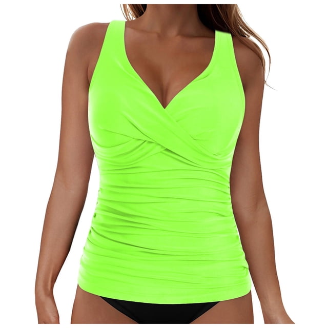 NIEWTR V-Neck Tankini Tops For Women Backless Adjusting Strap Bathing Suits Tummy Control Push Up Swimsuit Top(Green,S)