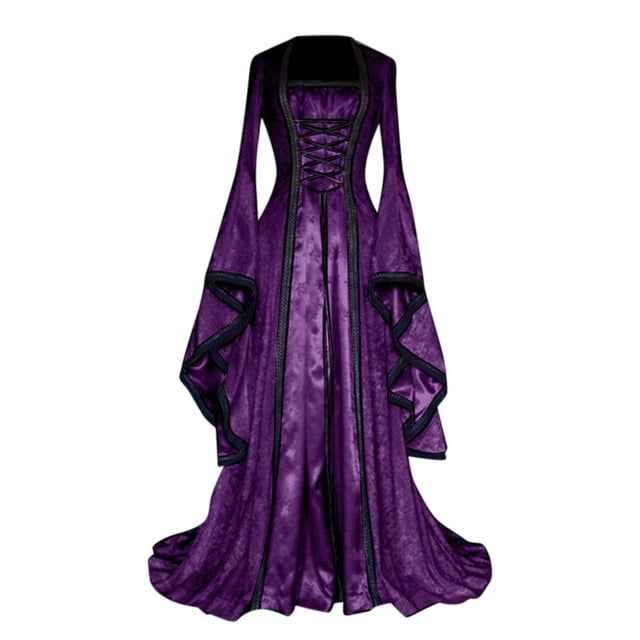 Fridja Robe de Princesse à Manches Trompette de Couleur Unie de Style Rétro pour Femmes