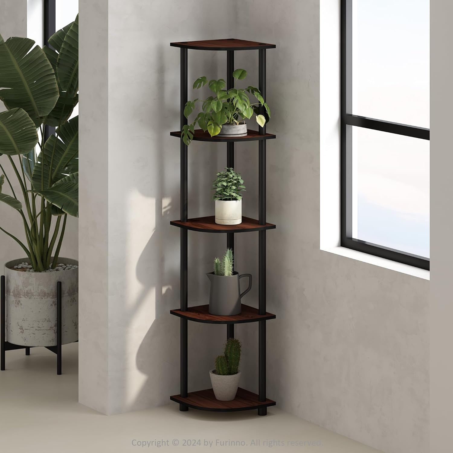 Turn-N-Tube Corner Shelf, 5-Tier Standing Corner Book Shelf with Open Shelves, Toolless Bookshelf, for Organization and Storage, Living Room, Bedroom, Home Office, Dark Cherry/Black