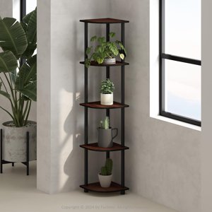 Plateau d'angle du tube-N tournant, 5-Tier Tablette de livre en coin debout avec étagères ouvertes, bibliothèque sans outil, pour l'organisation et le rangement, salon, chambre, bureau à la maison, cerise sombre/noir