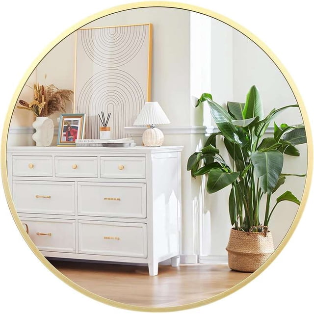 Bingirl 18-Inch Small Aluminum Alloy Frame High-Definition Eco-Friendly Gold Round Mirror for Bathroom (Over Sink), Entryway, and Vanity