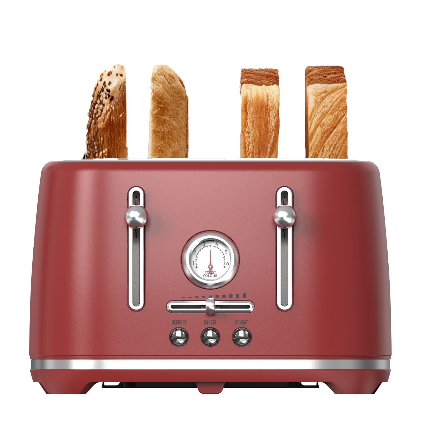 LONGDEEM 4 Slice Toaster, 6 Browning Options, Wide Slots, High Lift Lever, Dual Controls, Red