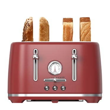 LONGDEEM 4 Slice Toaster, 6 Browning Options, Wide Slots, High Lift Lever, Dual Controls, Red
