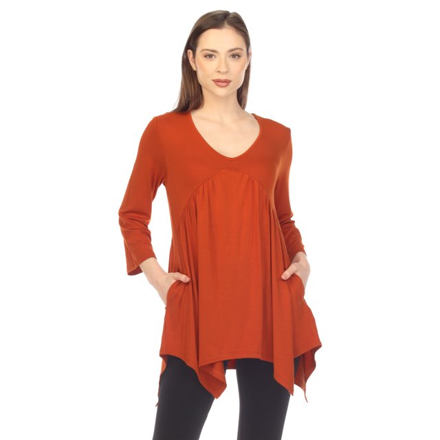 White Mark Tunique à Manches 3/4 pour Femmes, Taille Empire, Col en V