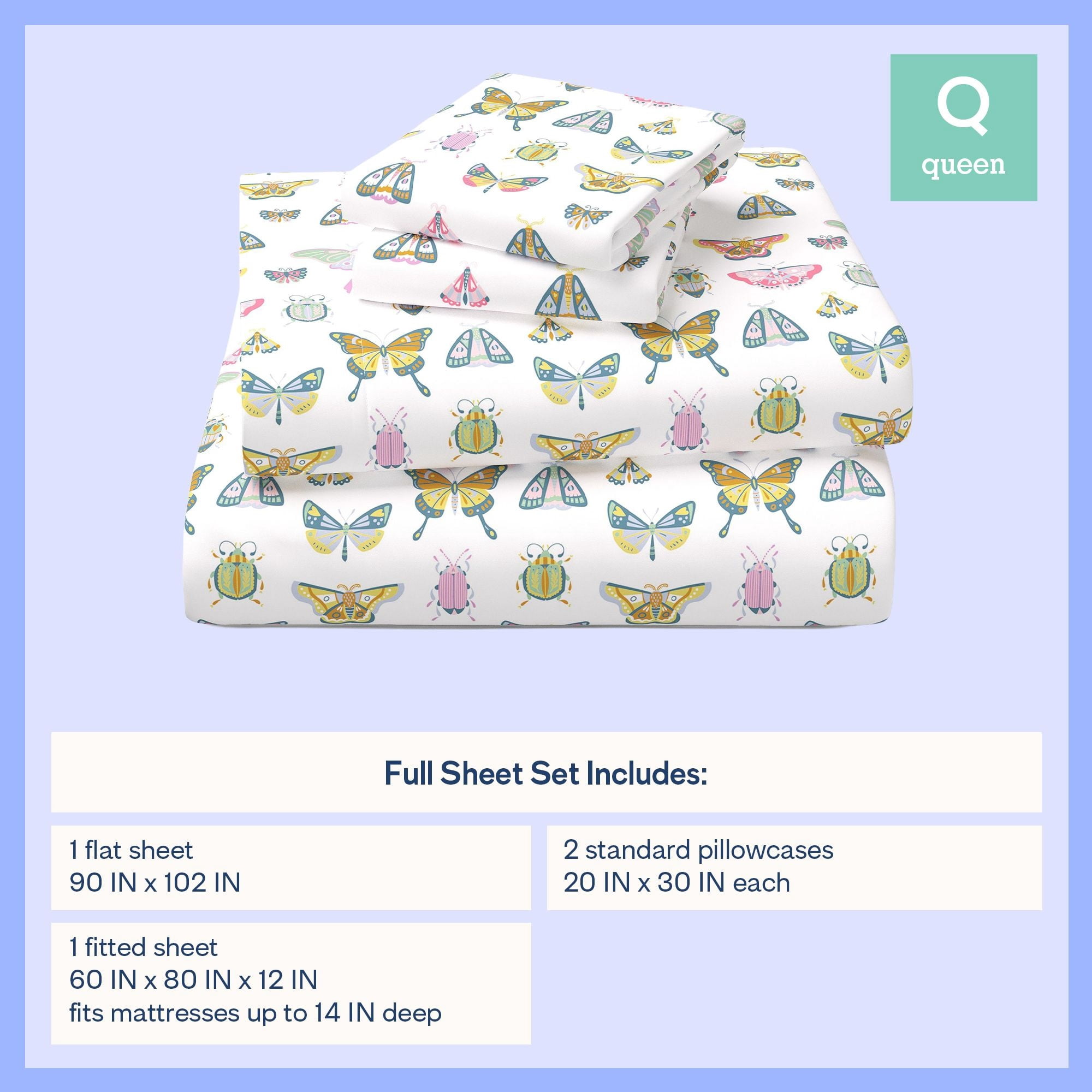 Mainstays Kids Microfiber Bed Sheet Set, Queen, Butterfly, 4 Pieces