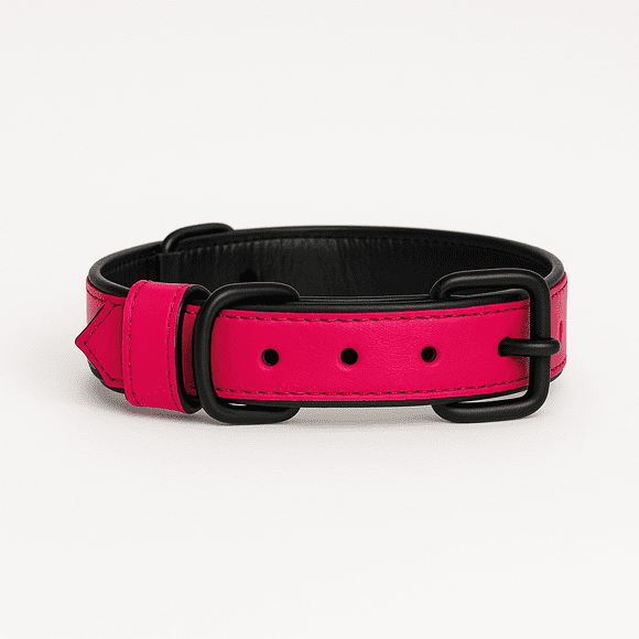 Dog Collar. Handmade Genuine Leather Dog Collar – Pink with Black Inner Liner, Adjustable Buckle. Buddies Collars