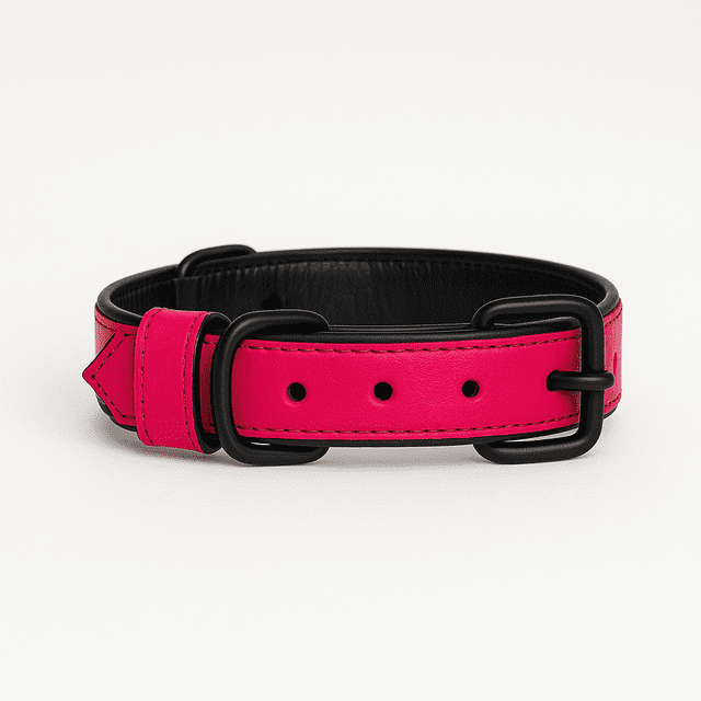 Dog Collar. Handmade Genuine Leather Dog Collar – Pink with Black Inner Liner, Adjustable Buckle. Buddies Collars