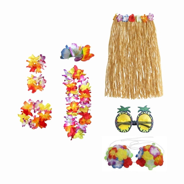 Ensemble de Costume Jupe Hawaïenne Tropicale Lunettes Accessoire Ajustable Extensible Femmes 60 cm