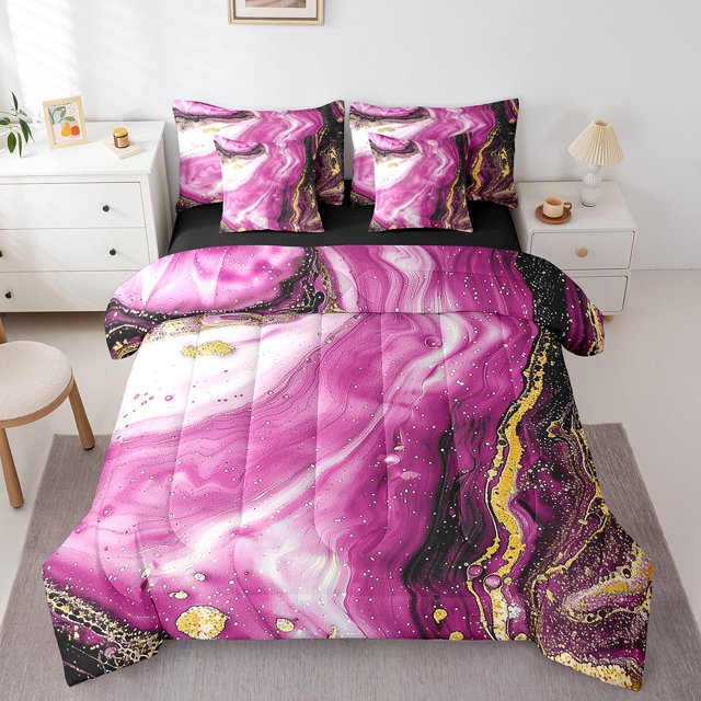 YST Hot Pink Marble Bedding Comforter Set, Abstract Aesthetic, 7-Piece, King, Stone Pattern, Watercolor Artwork