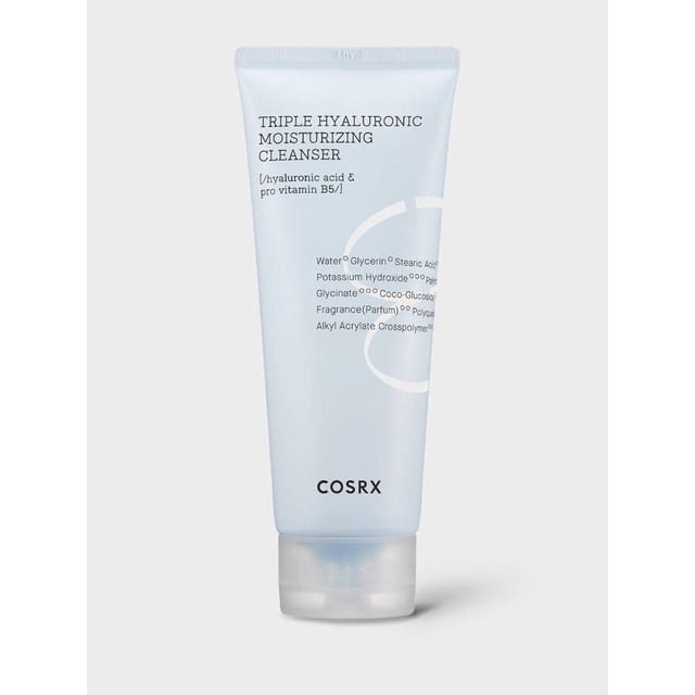 COSRX Hydrium Triple Hyaluronic Moisture Cleanser in a light blue tube with black text, a facial cleanser featuring triple hyaluronic acid and pro vitamin B5, designed for hydrating and deep cleansing skin, shown upright on a white background.