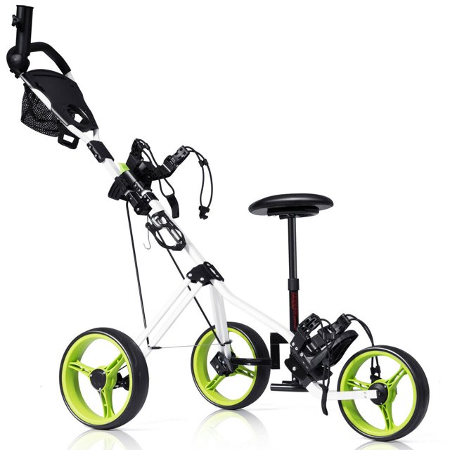Patiojoy Chariot de Golf Pliable à 3 Roues à Pousser et Tirer avec Siège, Tableau de Bord, Sac Vert