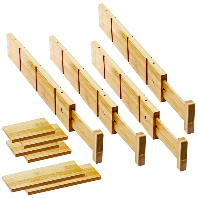 TFixol Adjustable Bamboo Drawer Organizer - Expandable Storage for Kitchen, Office, and Wardrobe - Multi-Compartment Design for Utensils, Socks, and Accessories