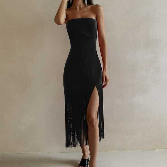 Women Sexy Tube Top Dress Tassel Cocktail Split Dress Solid Evening Vestidos