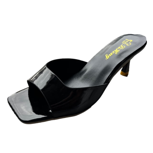 Womens Heeled Sandals High Kitten Heel Open Square Toe Solid Color Slide One Strap Stiletto Backless Party Dresses Pumps Black