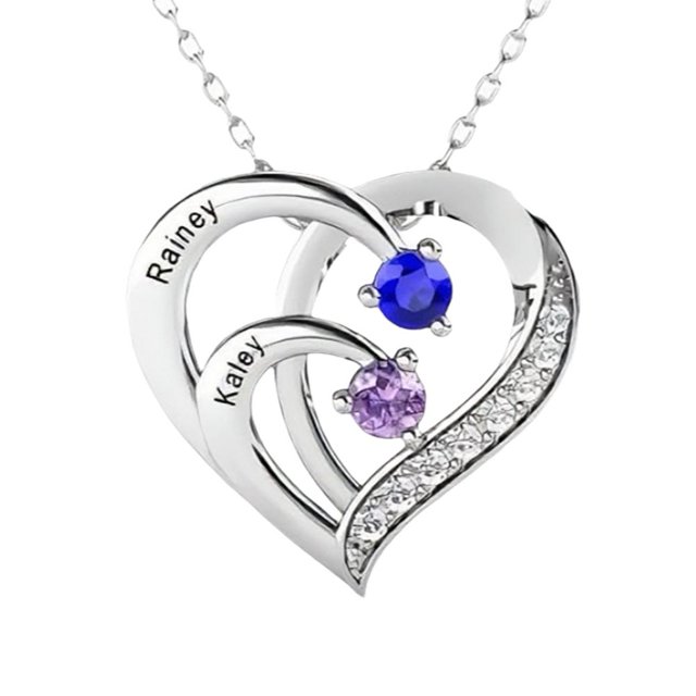 Personalized Heart Necklace w/ 2-4 Birthstones Custom Engraved Name Pendant B3W5