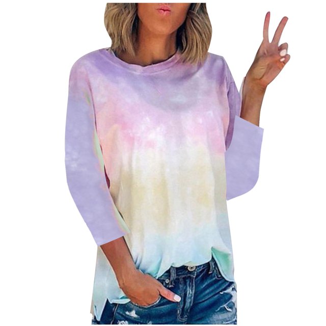 RKSTN Chandails pour Femmes Manches Longues Mode Hauts à Col Rond Imprimés Teinture sur Nœuds Décontractés Sortie Blouses Amples