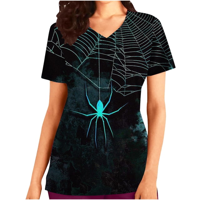RKSTN Women Tops Short Sleeve V-neck Tops Working Uniform Halloween Printed with Pockets Blouse Scrub Tops