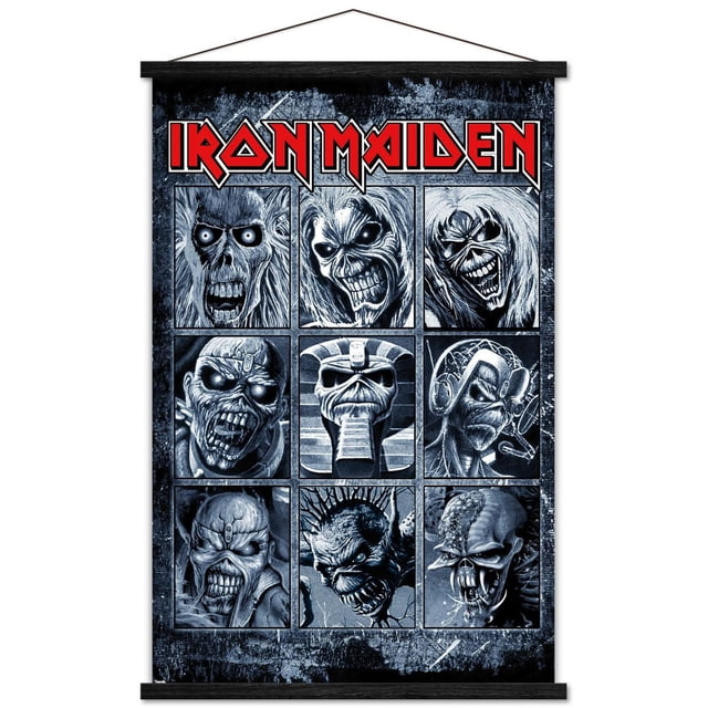 Iron Maiden - Grid Wall Poster, 22.375" x 34" framed wall art featuring nine monochrome panels of Iron Maiden's mascot Eddie in various detailed and stylized forms beneath the bold red Iron Maiden logo on a textured dark background, perfect for music-themed room décor.