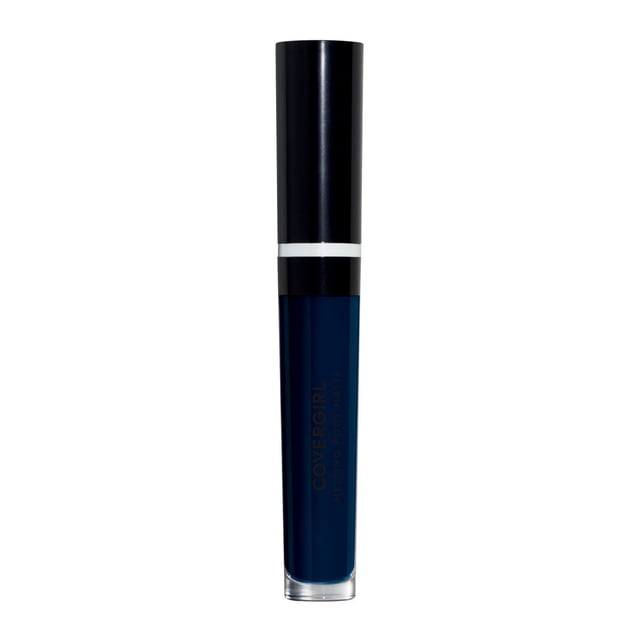 COVERGIRL Melting Pout Rouge à Lèvres Liquide Mat Bleu Marine Foncé, Présenté en tube Cylindrique Mince avec Capuchon Noir et Bande Blanche, Offrant une Tenue Longue, une Couleur de Lèvres Mate à Haute Pigmentation Idéale pour un Confort Toute la Journée.